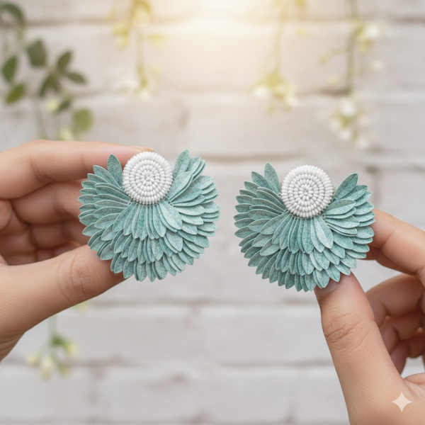 Handcrafted Floral Layered Earrings for Women | Lightweight Soft Fabric Design with Beaded Center